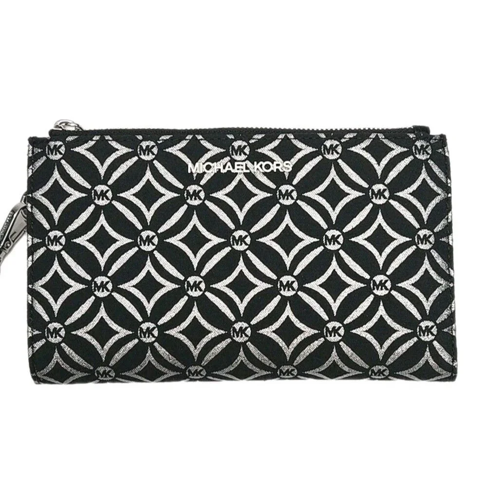 Michael Kors Wristlet Wallet Phone Black Silver Jet Set Double Zip 7.25x4.5